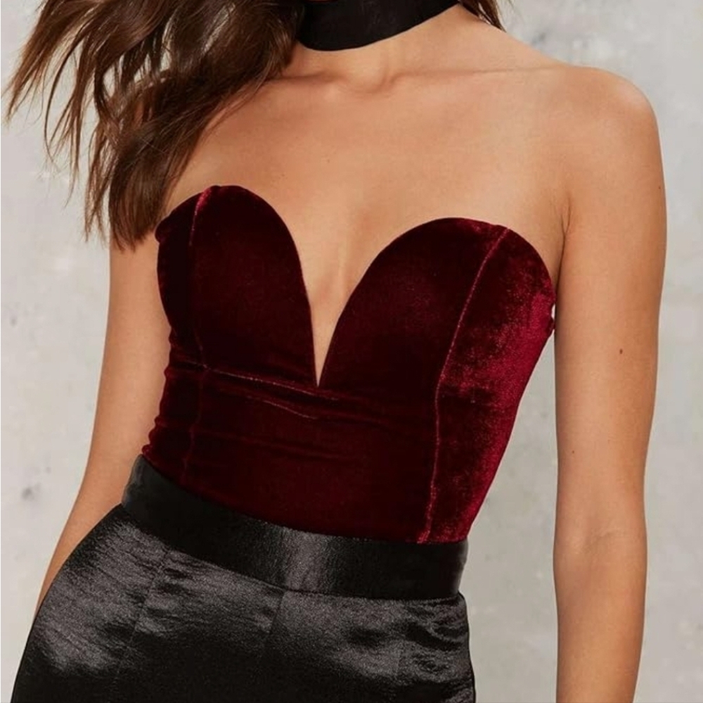 Choies Burgundy Plunge Neck Bodysuit Sexy, Strapless, Cross Back